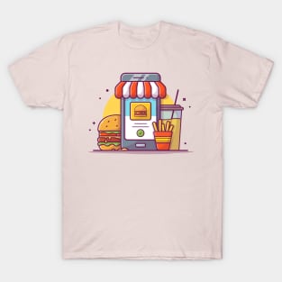 Handphone, Burger, French Fries, And Drink Cartoon T-Shirt